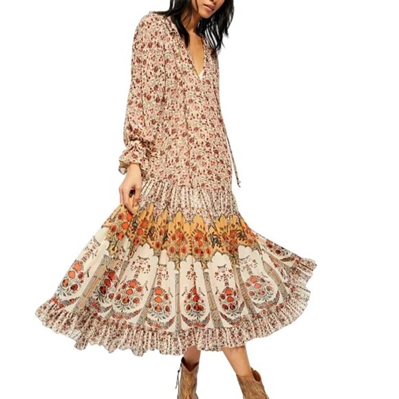 Free People Feeling Groovy Border Maxi Dress Bohemian Printed Tiered Size S - Picture 1 of 16